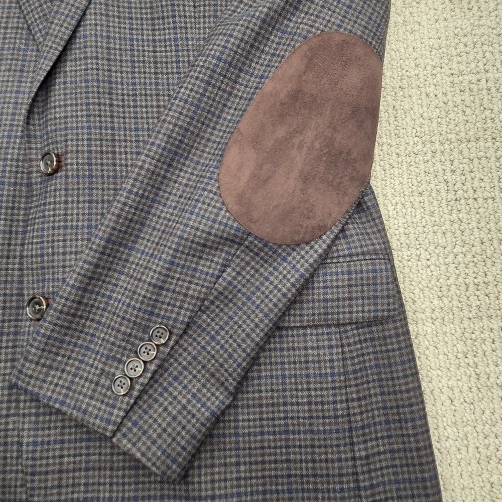 Stafford Classic Fit Wool Blend Blazer Gray Blue Plaid‎ Elbow Patches Mens 44L - Picture 4 of 10